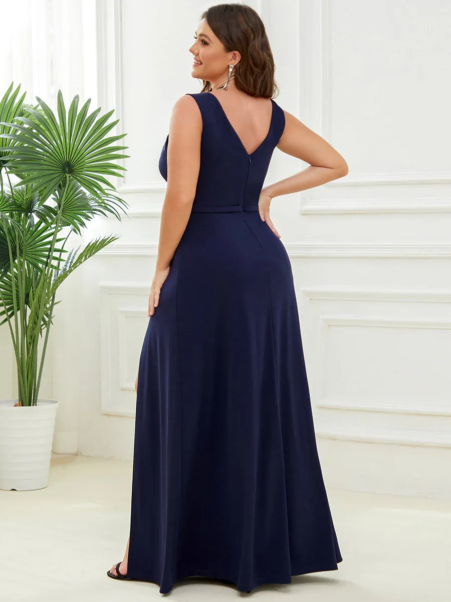 Plus Deep V Neck Sleeveless A Line Wholesale Evening Dresses with Split