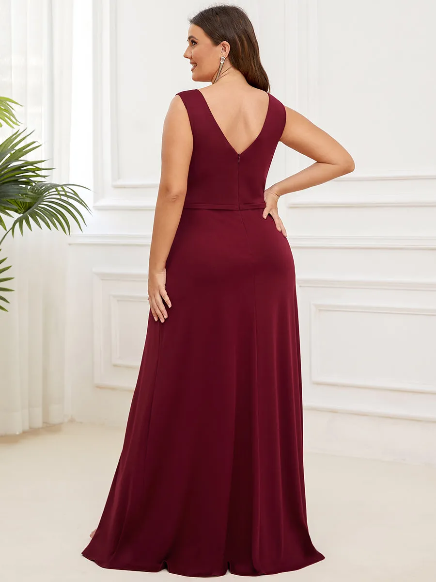 Plus Deep V Neck Sleeveless A Line Wholesale Evening Dresses with Split