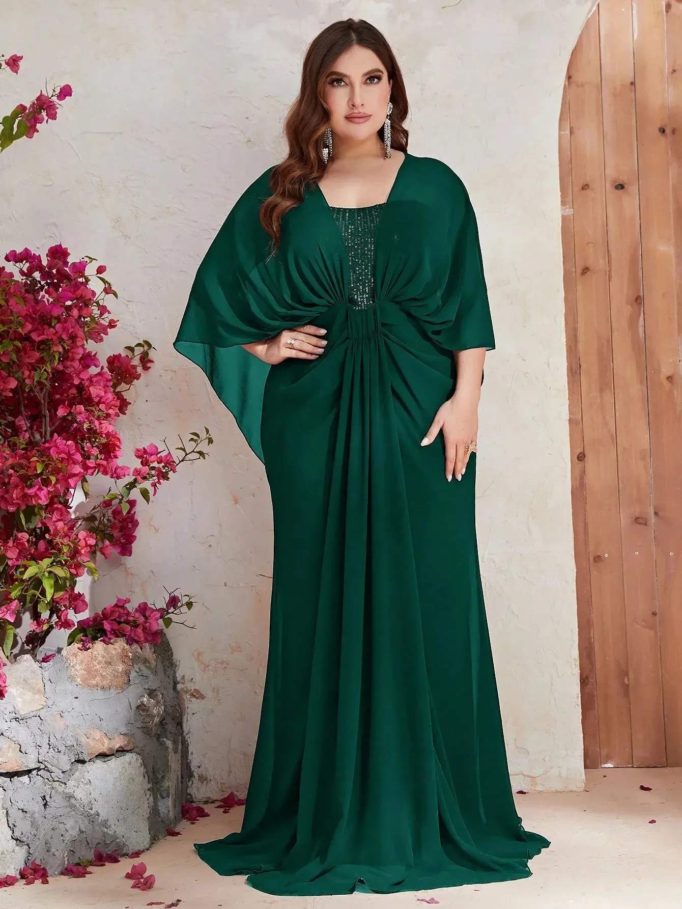 Plus Size Chiffon Sequin Elegant Shawl Evening Gown