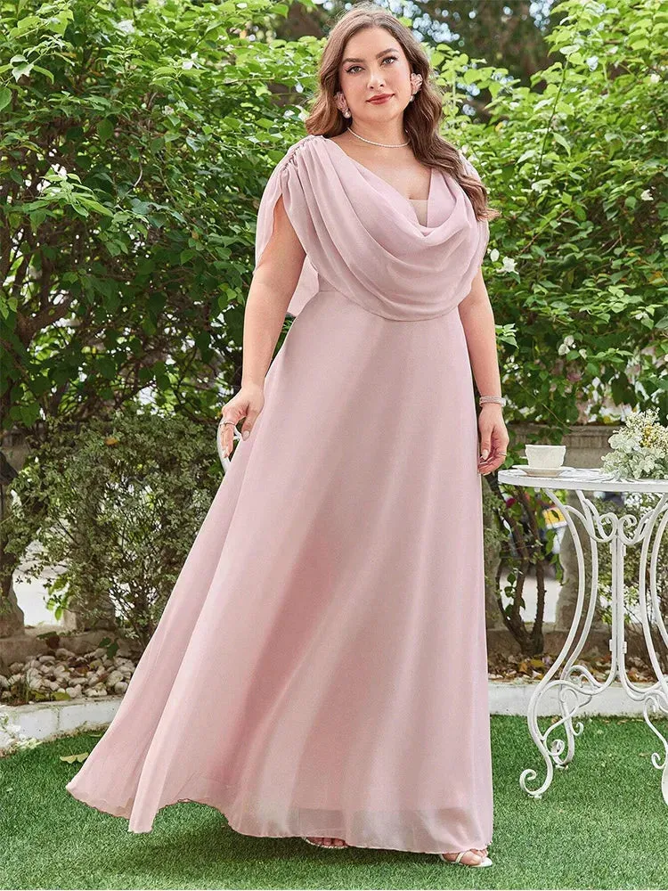 Plus Size Draped Cowl Neckline Chiffon A-Line Evening Dress