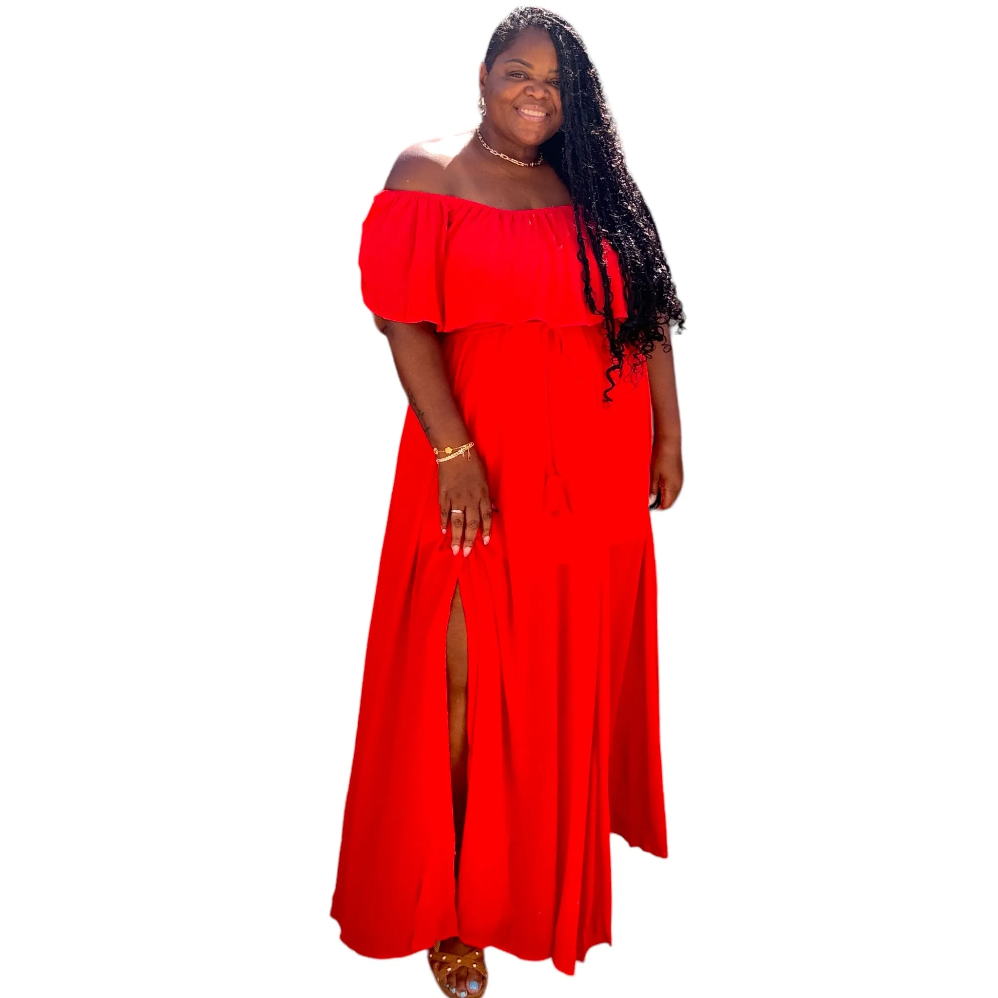 Poppy Red Plus Size Sheer Maxi Dress With Slit