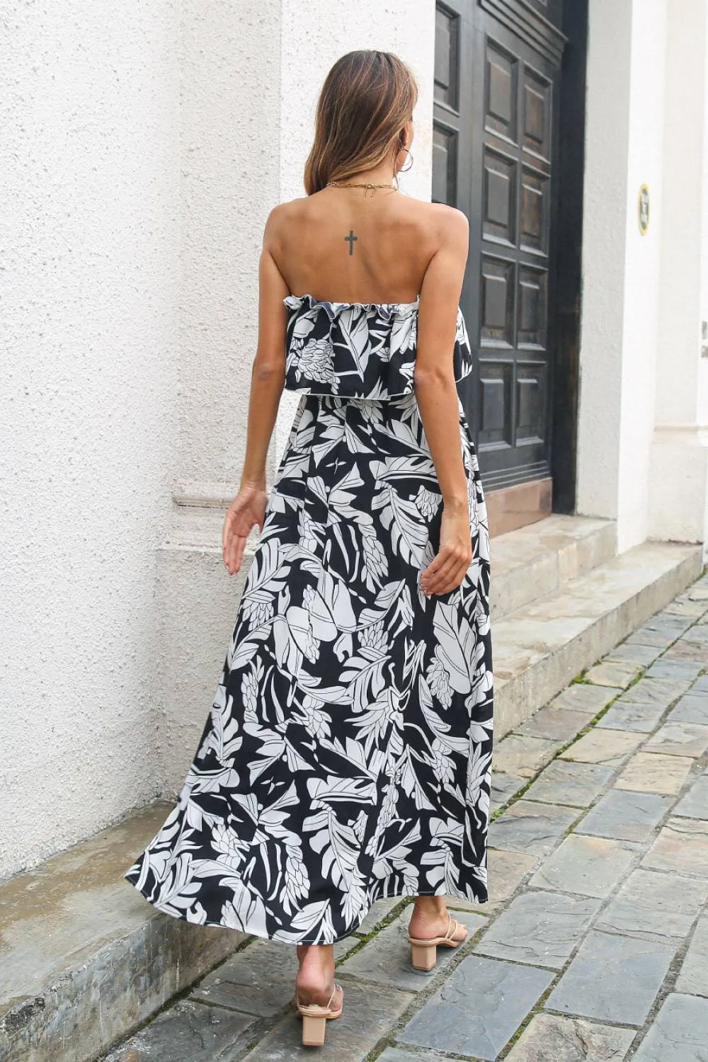 Printed Frill Trim Layered Strapless Maxi Dress