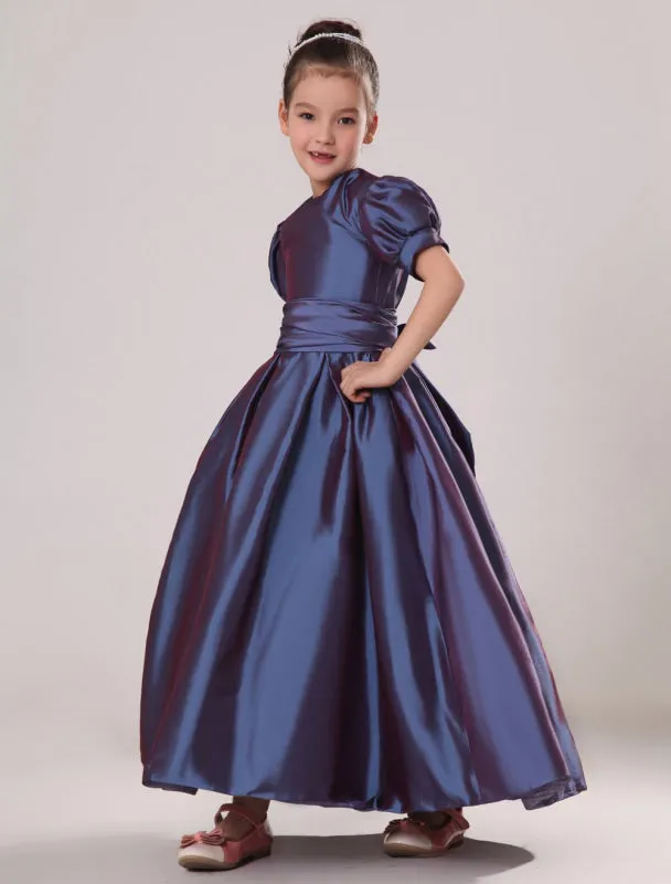 Purple Taffeta Ruched Flower Girl Dress Plum Toddlers Short Sleeve Princess Floor Length Kids Party Dress