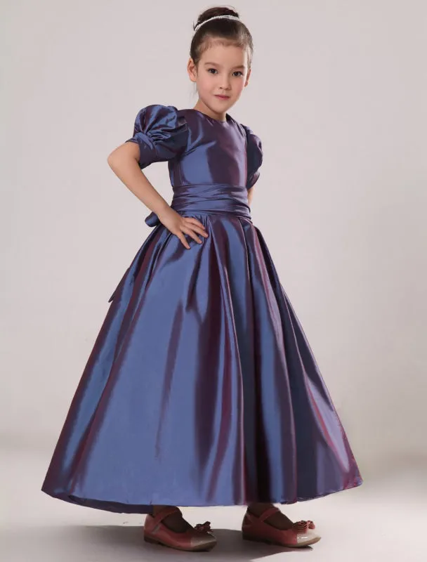 Purple Taffeta Ruched Flower Girl Dress Plum Toddlers Short Sleeve Princess Floor Length Kids Party Dress