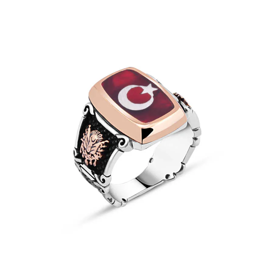 Red Enamel Moon-Star Men's Ring