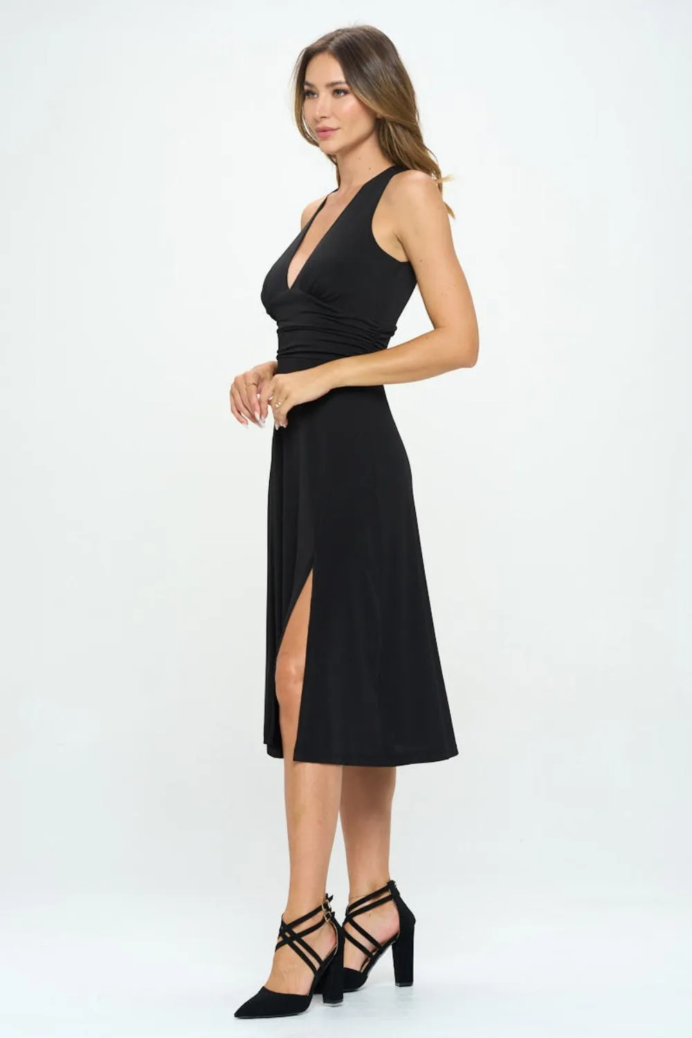 RENEE C, Ruched Waist Sleeveless Slit Dress