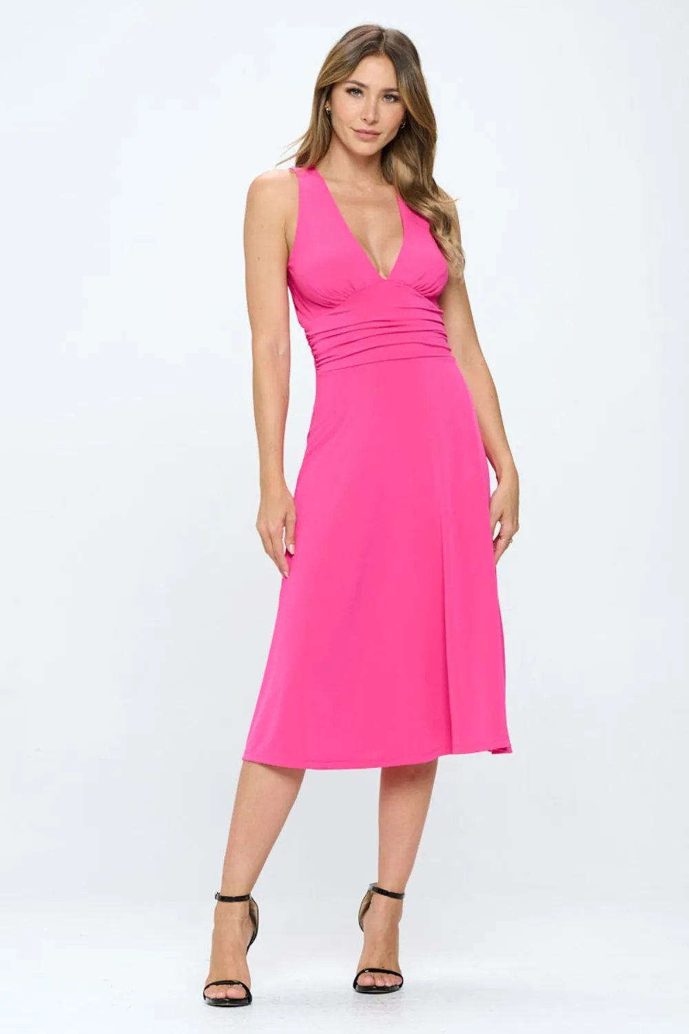 RENEE C, Ruched Waist Sleeveless Slit Dress