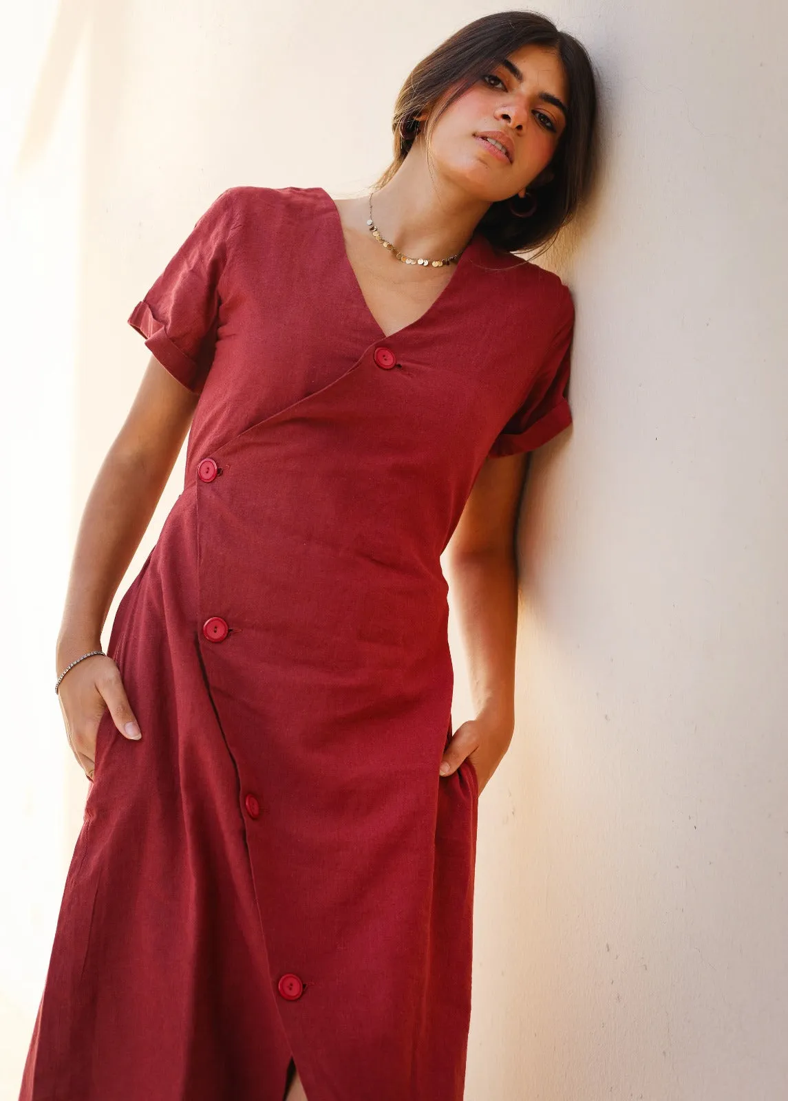 Resort Linen Dress Burgundy