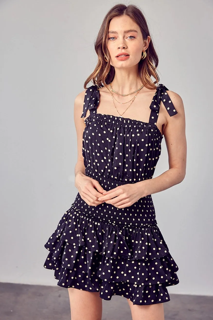 Ribbon Tie Ruffled Polka Mini Dress