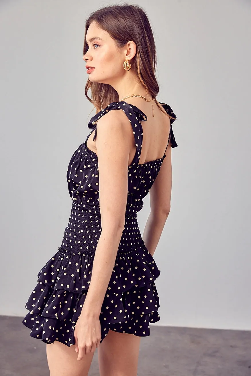 Ribbon Tie Ruffled Polka Mini Dress