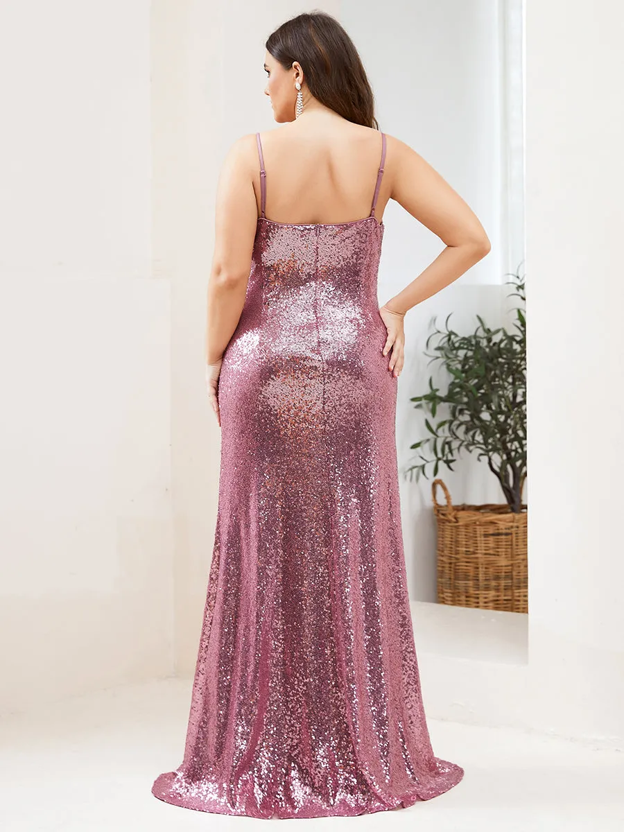 Robe de Soirée Sirène Grande Taille à Bretelles Spaghetti à Paillettes