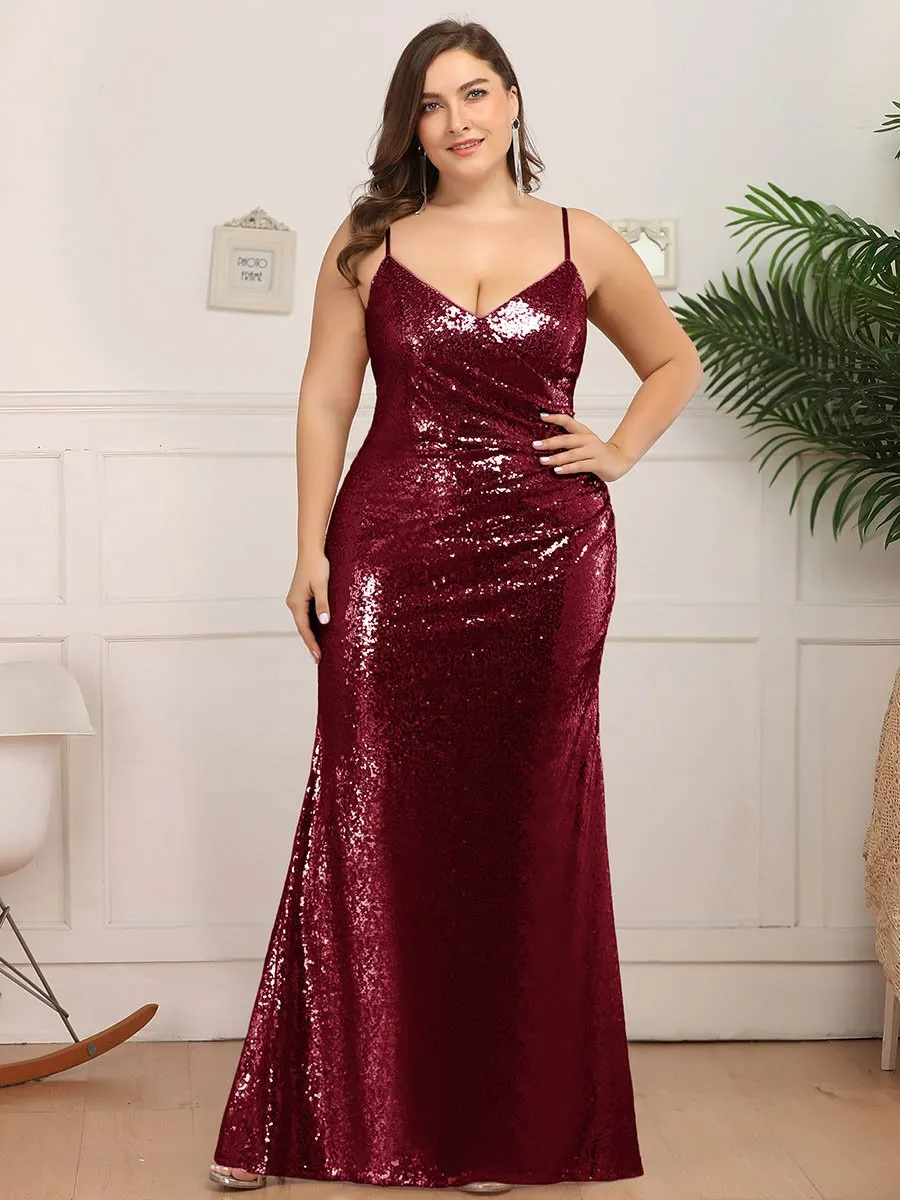 Robe de Soirée Sirène Grande Taille à Bretelles Spaghetti à Paillettes