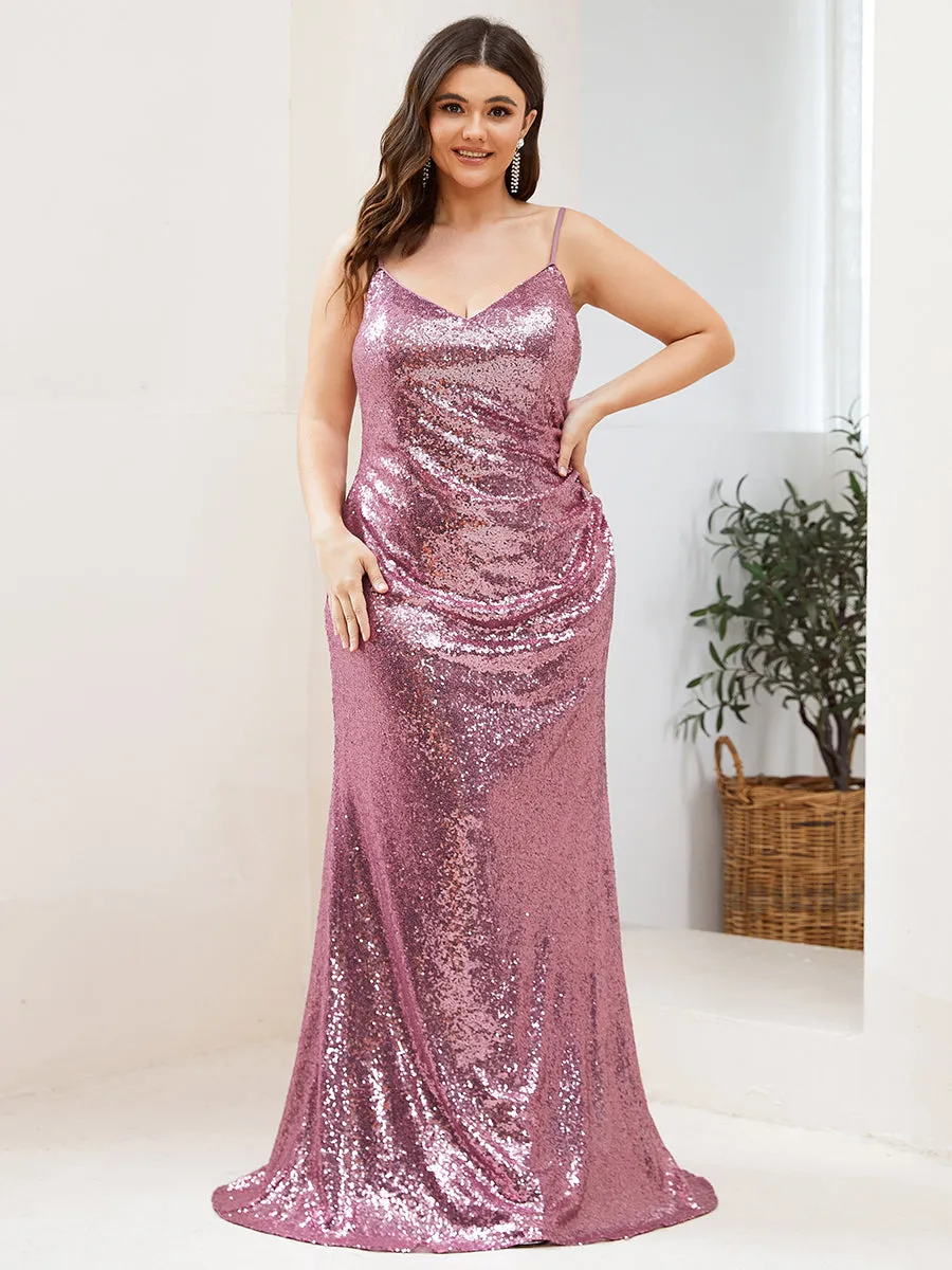 Robe de Soirée Sirène Grande Taille à Bretelles Spaghetti à Paillettes