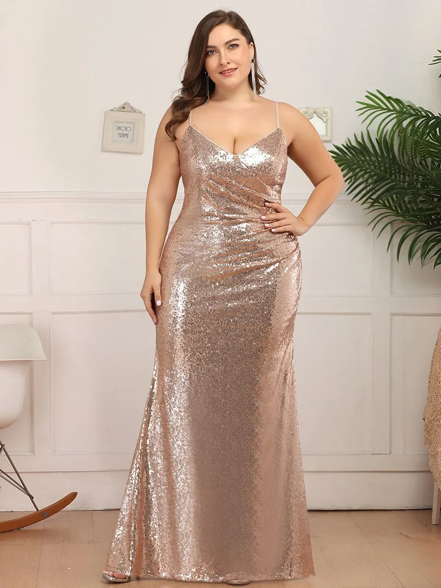 Robe de Soirée Sirène Grande Taille à Bretelles Spaghetti à Paillettes