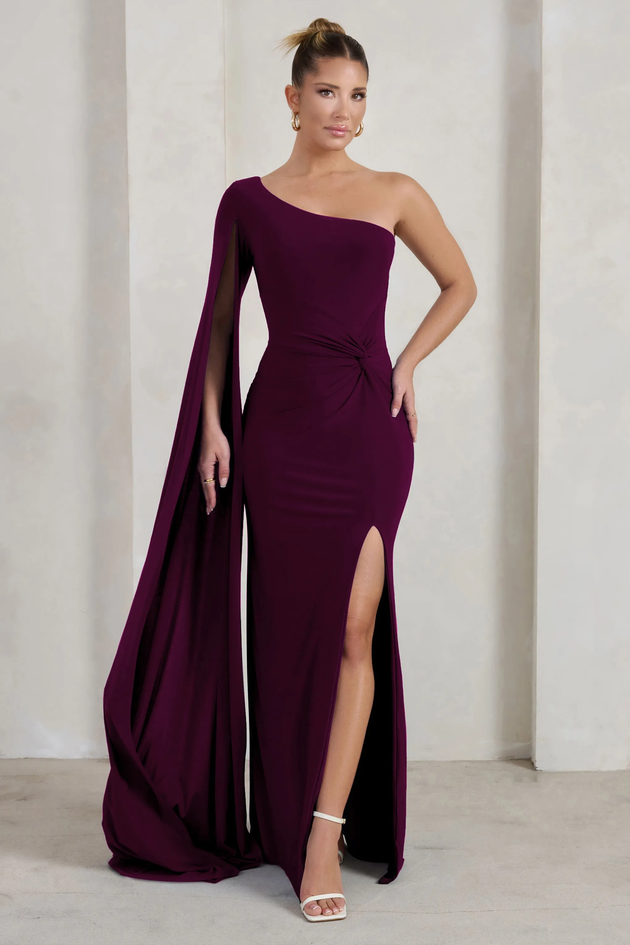 Romi | Plum One Shoulder Twist Design Maxi Dress