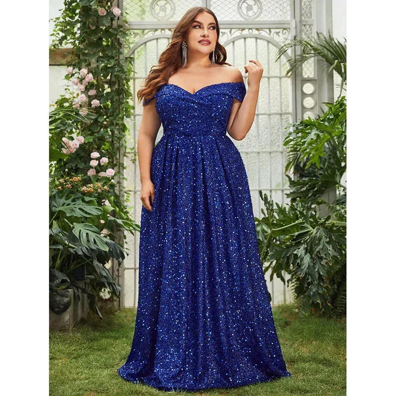 Royal Blue Plus Size Strapless Beaded Sequin Evening Dress