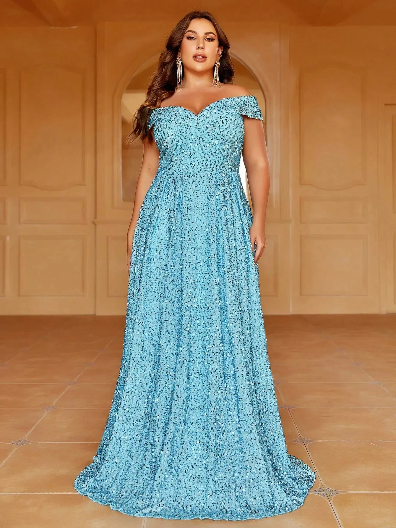 Royal Blue Plus Size Strapless Beaded Sequin Evening Dress