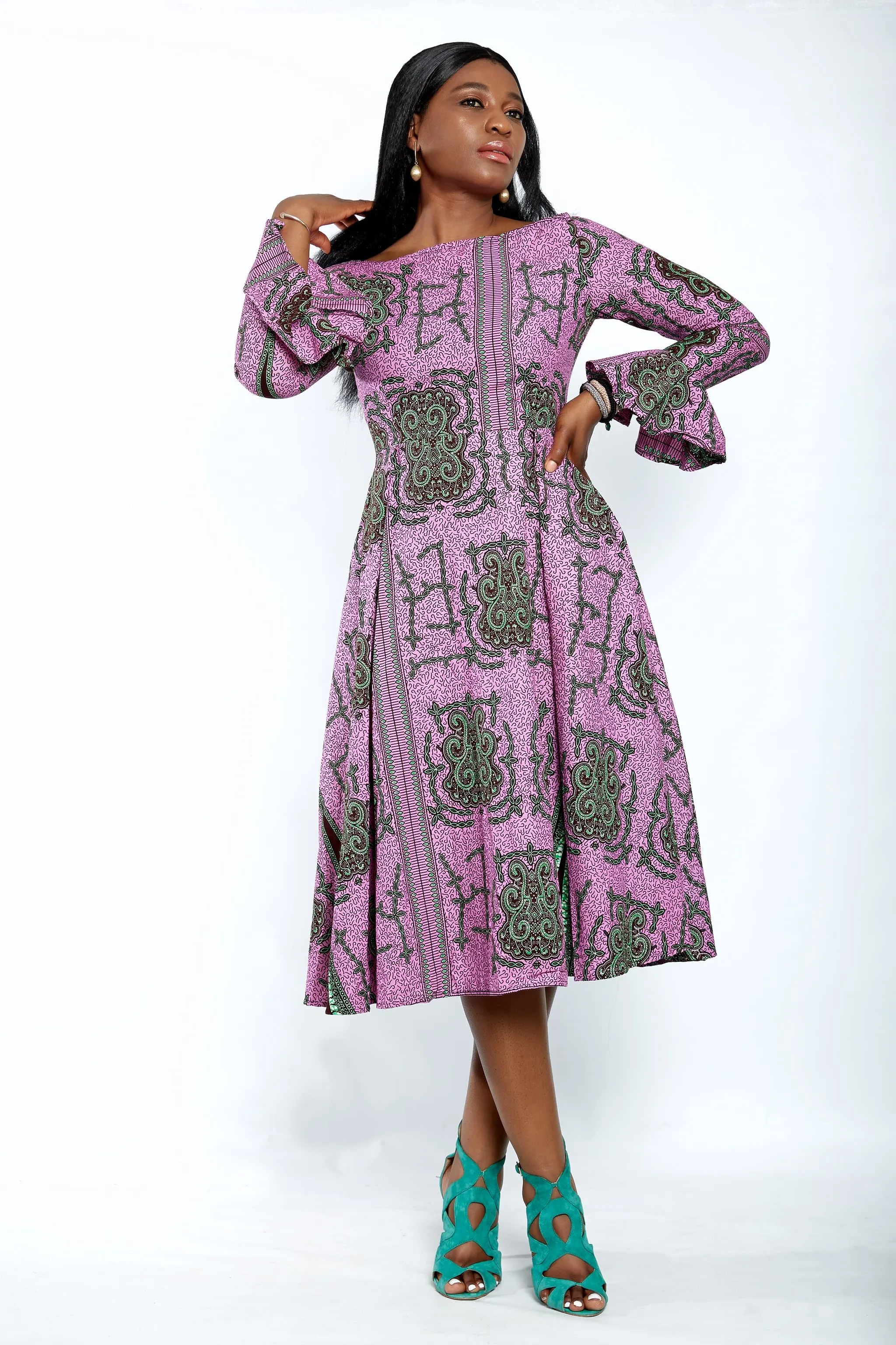 Safiyah African Print Flare Midi Dress in Long sleeves