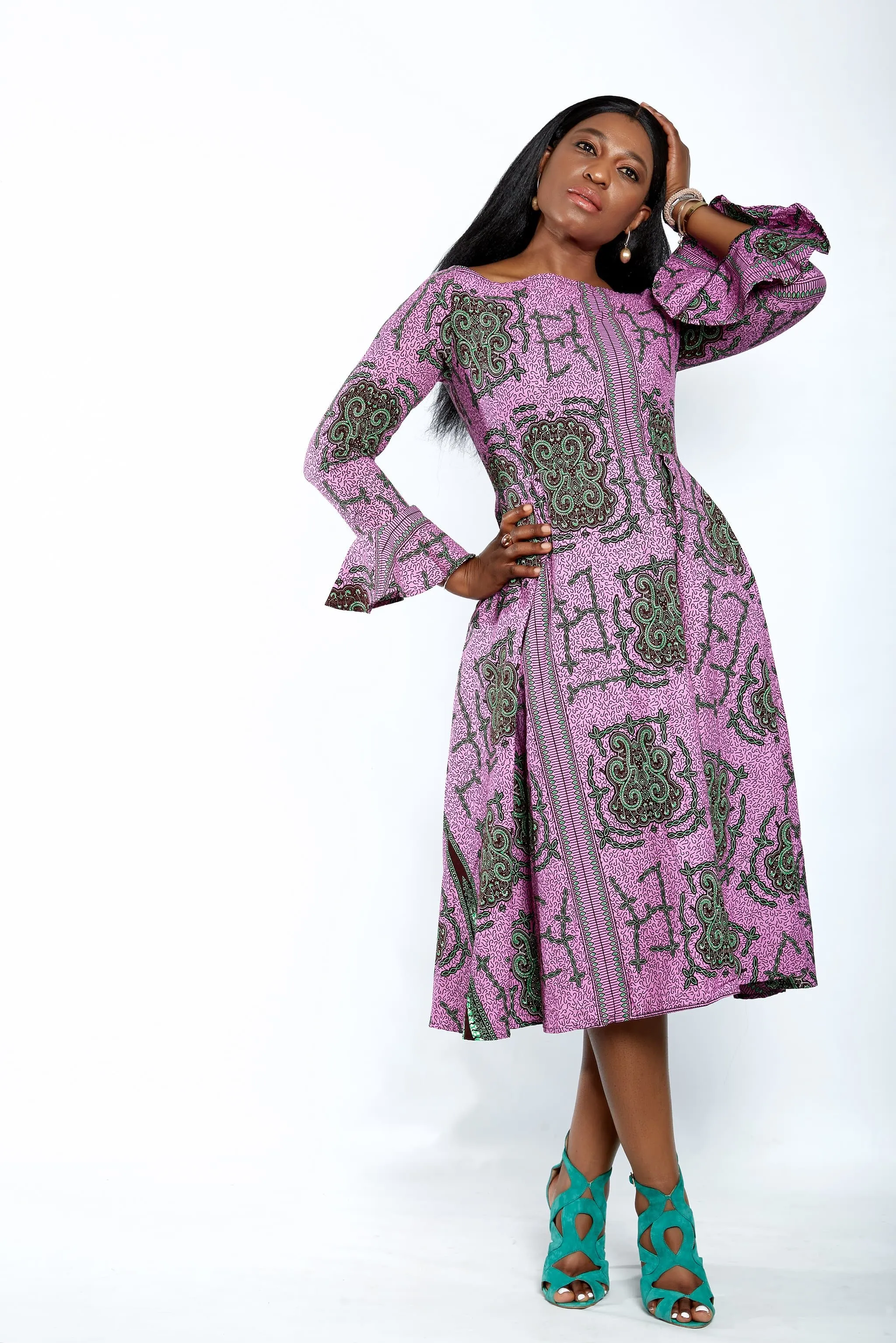 Safiyah African Print Flare Midi Dress in Long sleeves