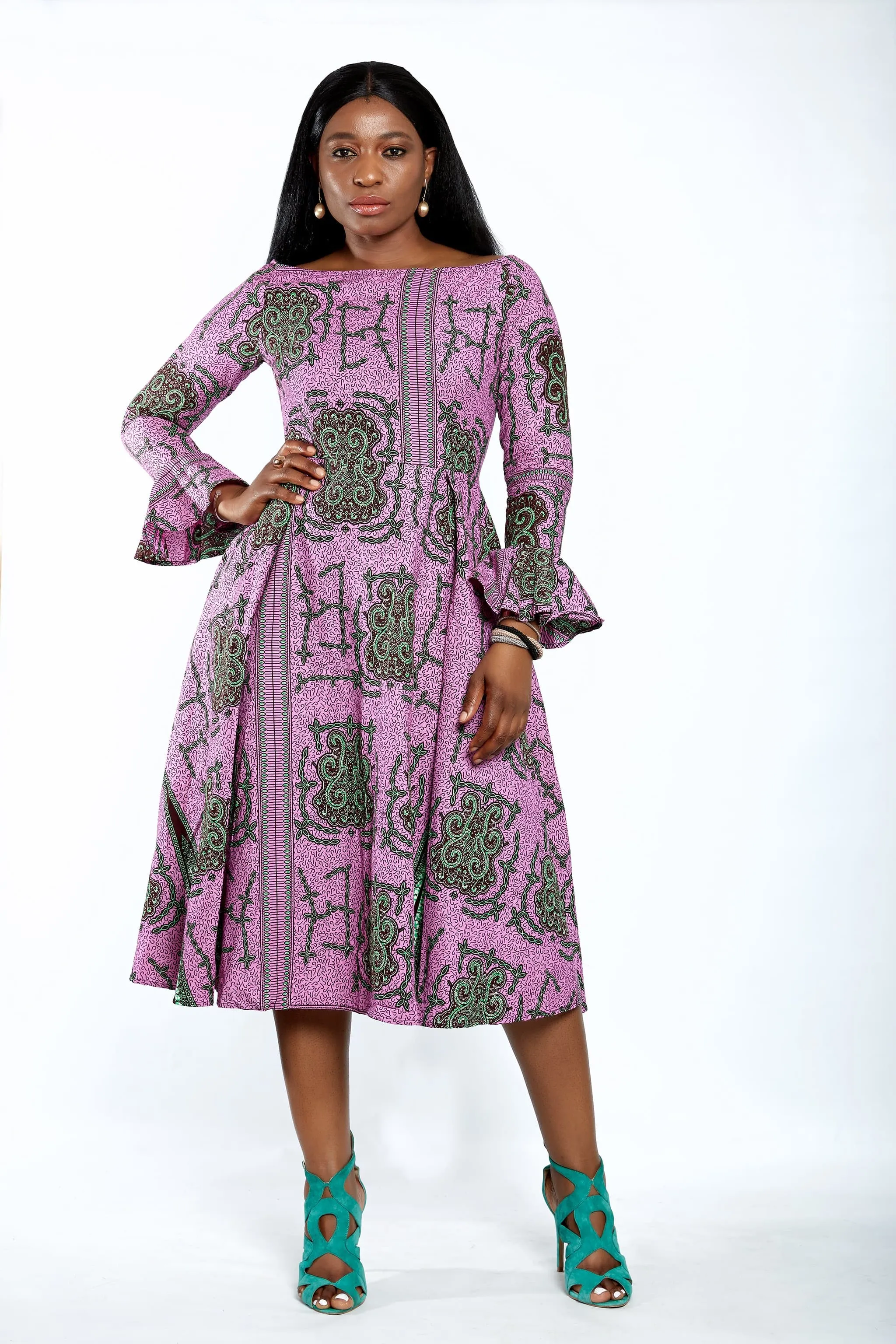 Safiyah African Print Flare Midi Dress in Long sleeves