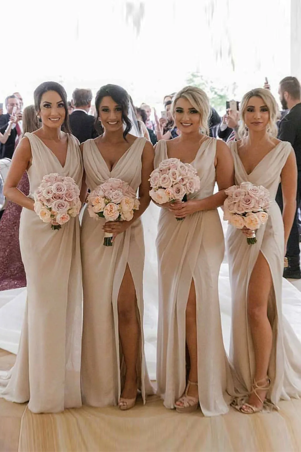 Sexy Long Chiffon Champagne Bridesmaid Dresses with High Slit and Front Ruffles (AF0375)