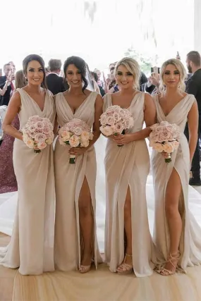 Sexy Long Chiffon Champagne Bridesmaid Dresses with High Slit and Front Ruffles (AF0375)