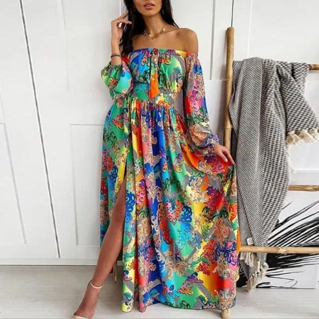 Sexy Women Off Shoudler Strapless Split Dress Vintage Floral Print Maxi Long Dress Clubwear Long Sleeve Party Dress Vestido 3XL