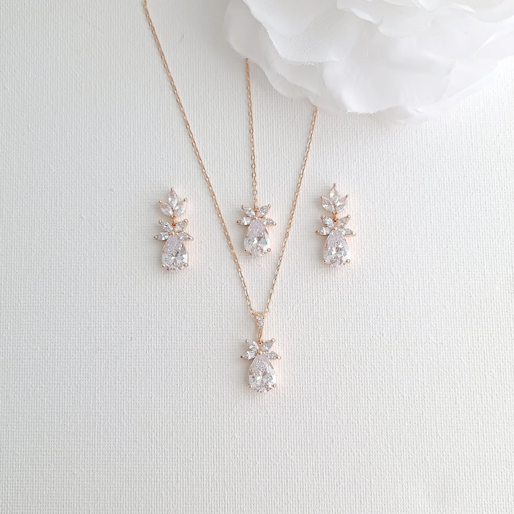 Simple Rose Gold Wedding Necklace and Earrings Set- Stella