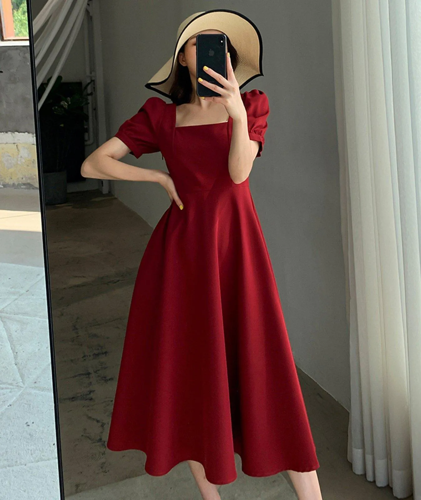 Square Neck Short Sleeve High Waist Flare Dress