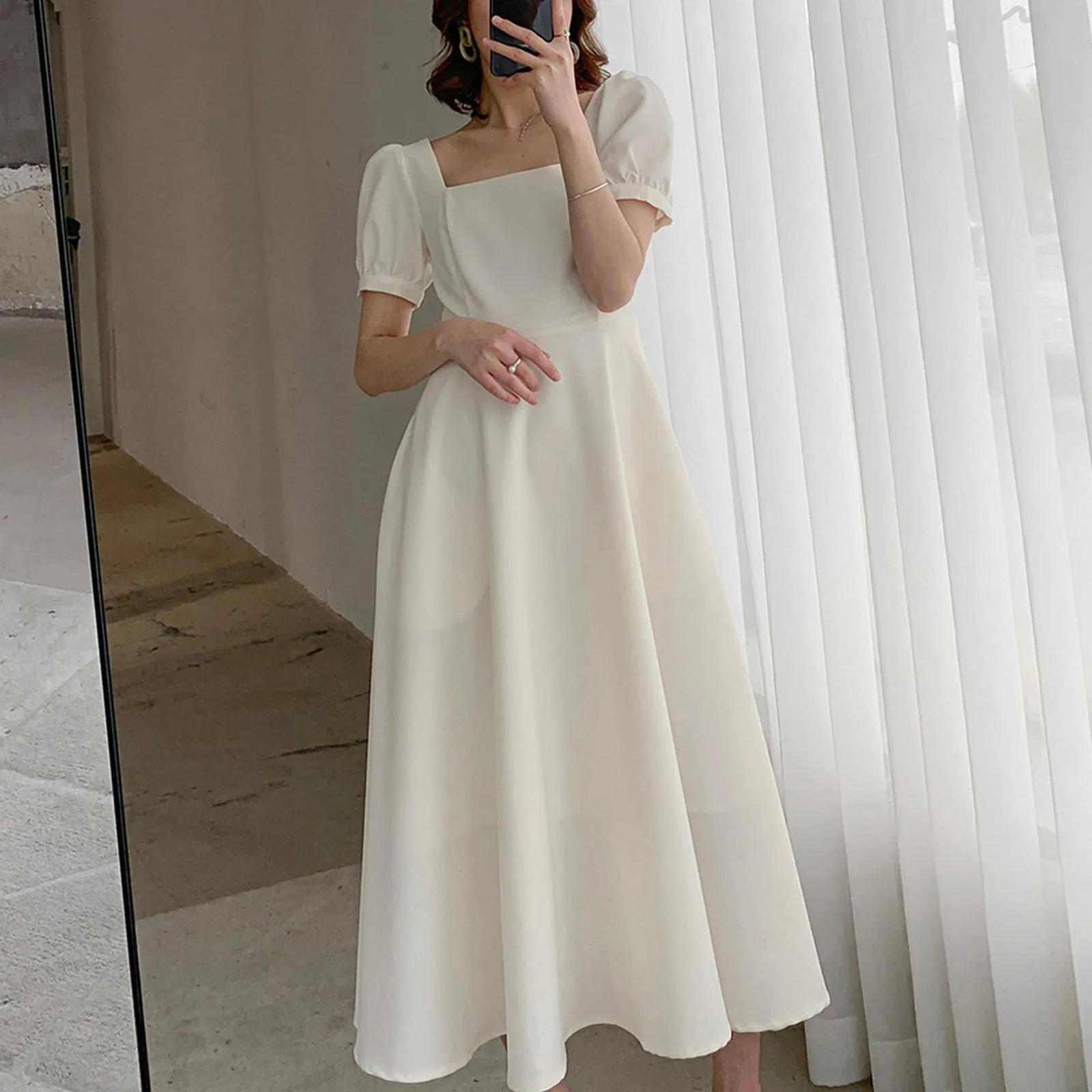 Square Neck Short Sleeve High Waist Flare Dress