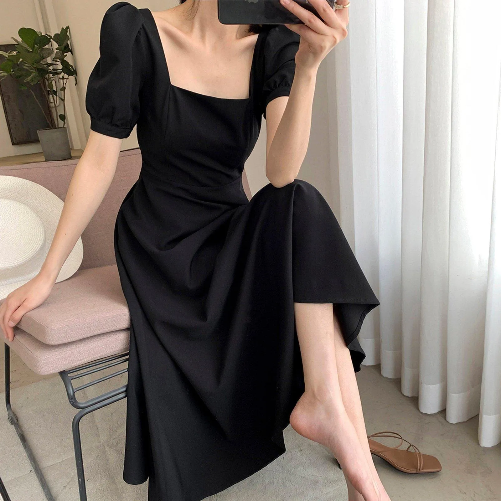 Square Neck Short Sleeve High Waist Flare Dress