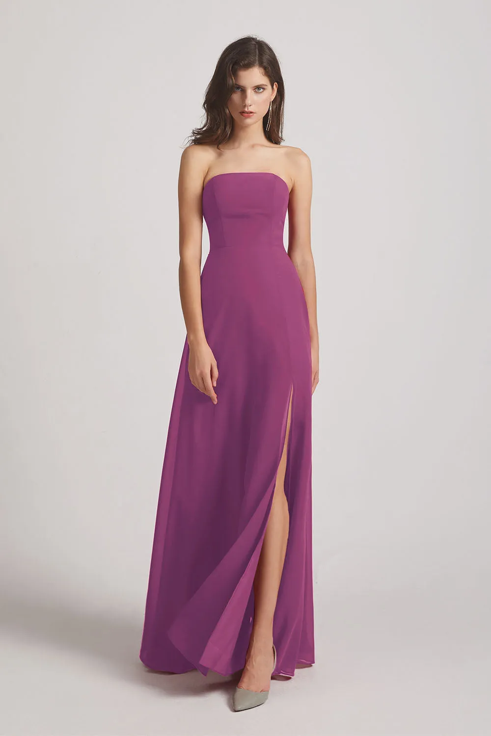 Strapless Chiffon Ruched Slit Long Bridesmaid Dresses (AF0050)