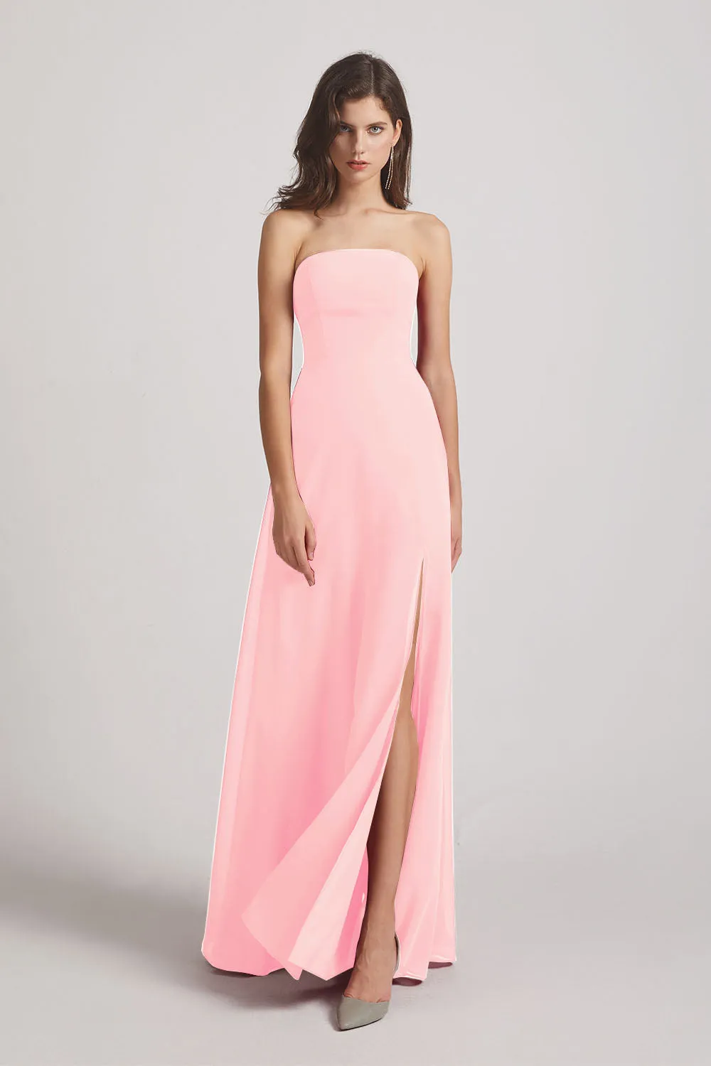 Strapless Chiffon Ruched Slit Long Bridesmaid Dresses (AF0050)