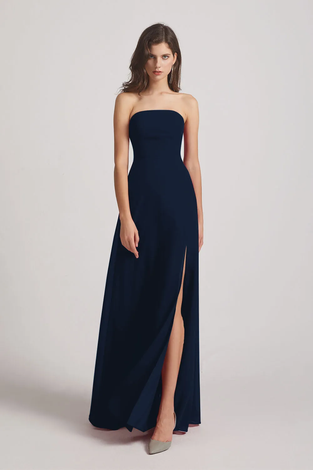 Strapless Chiffon Ruched Slit Long Bridesmaid Dresses (AF0050)