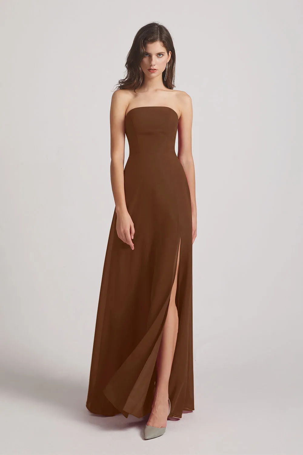 Strapless Chiffon Ruched Slit Long Bridesmaid Dresses (AF0050)