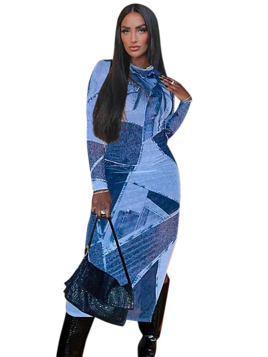 Summer Blue Denim Print Long Sleeve Maxi Dresses