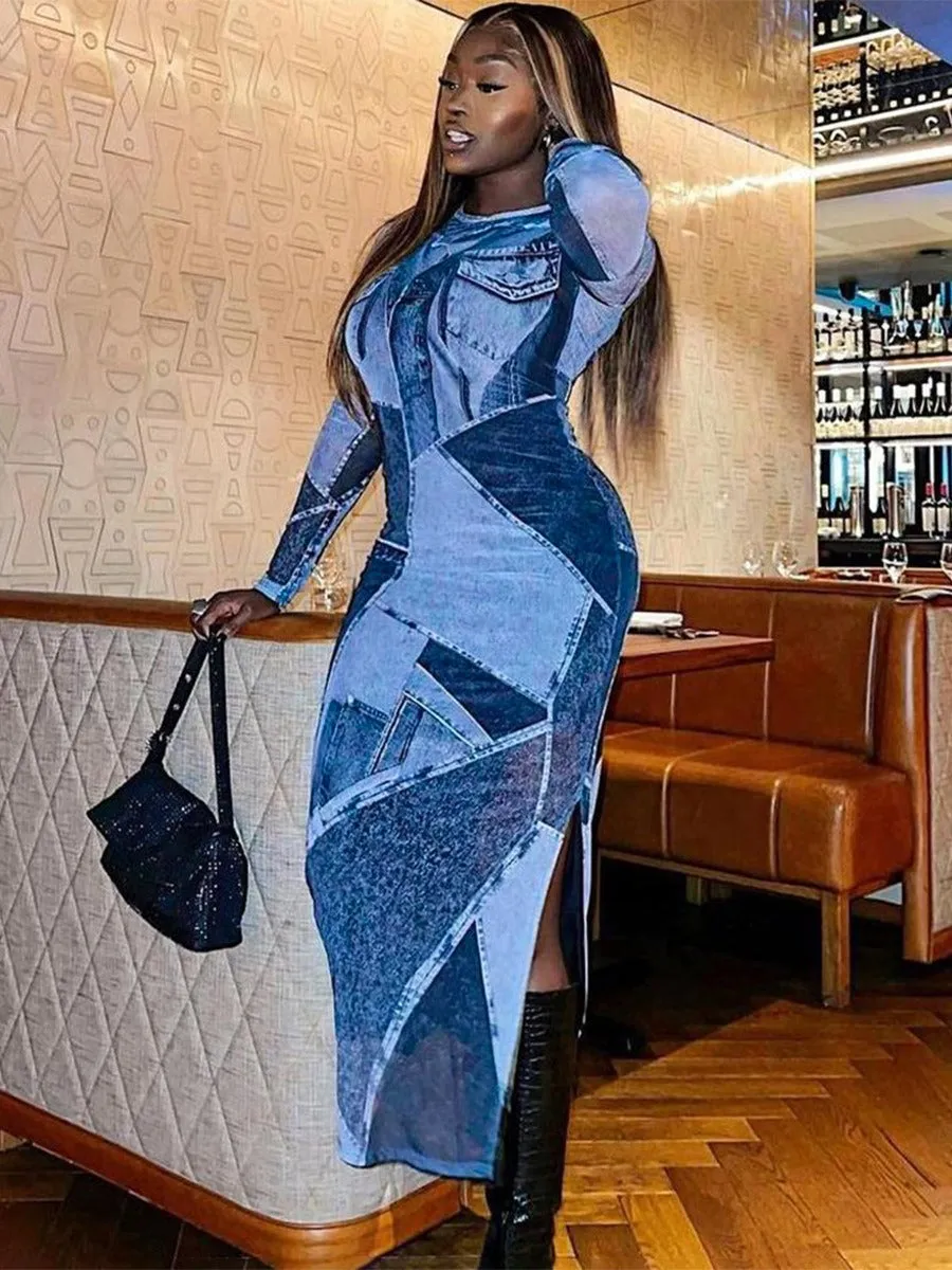 Summer Blue Denim Print Long Sleeve Maxi Dresses