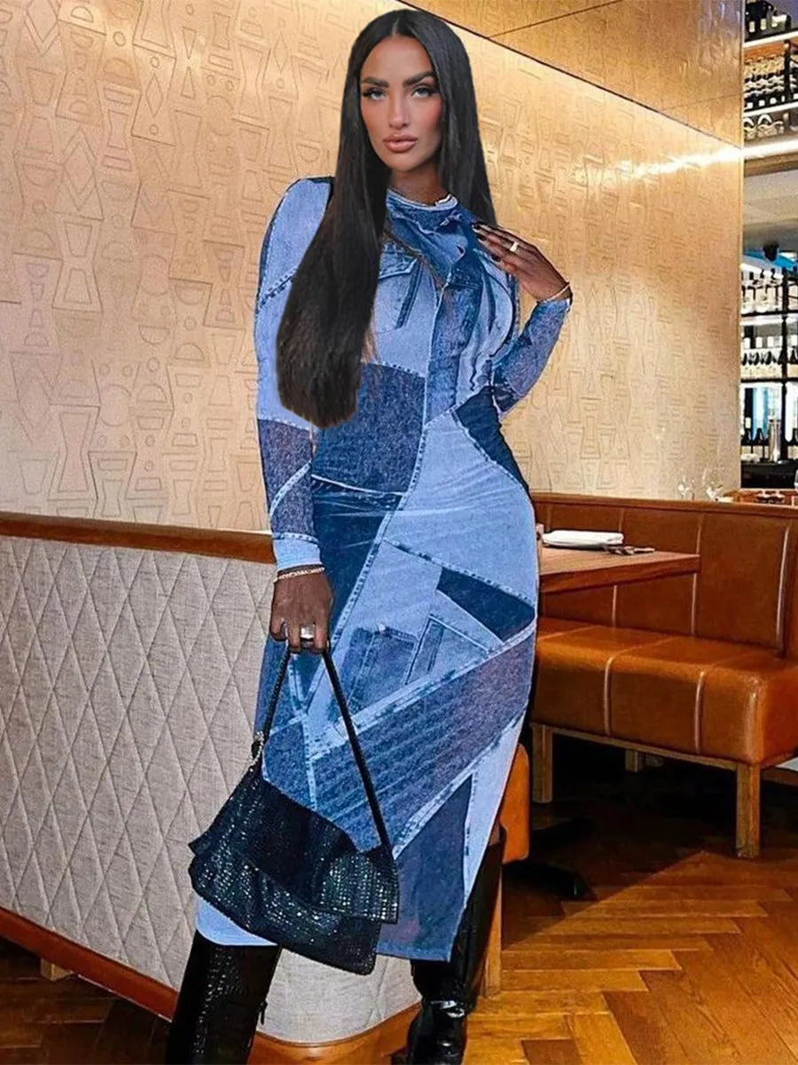 Summer Blue Denim Print Long Sleeve Maxi Dresses