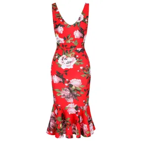 Sunset Red Sleeveless Peplum Hem V Neck Pencil Dress