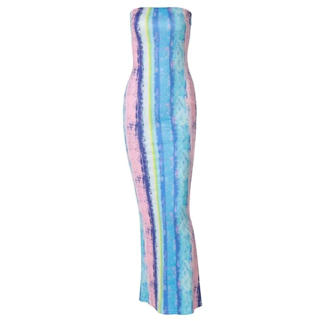 Tie Dye Skinny Strapless Maxi Dresses For Women Casual Street Sleeveless Sexy Tube Clubwear Party Birthday Dress Summer Clothes