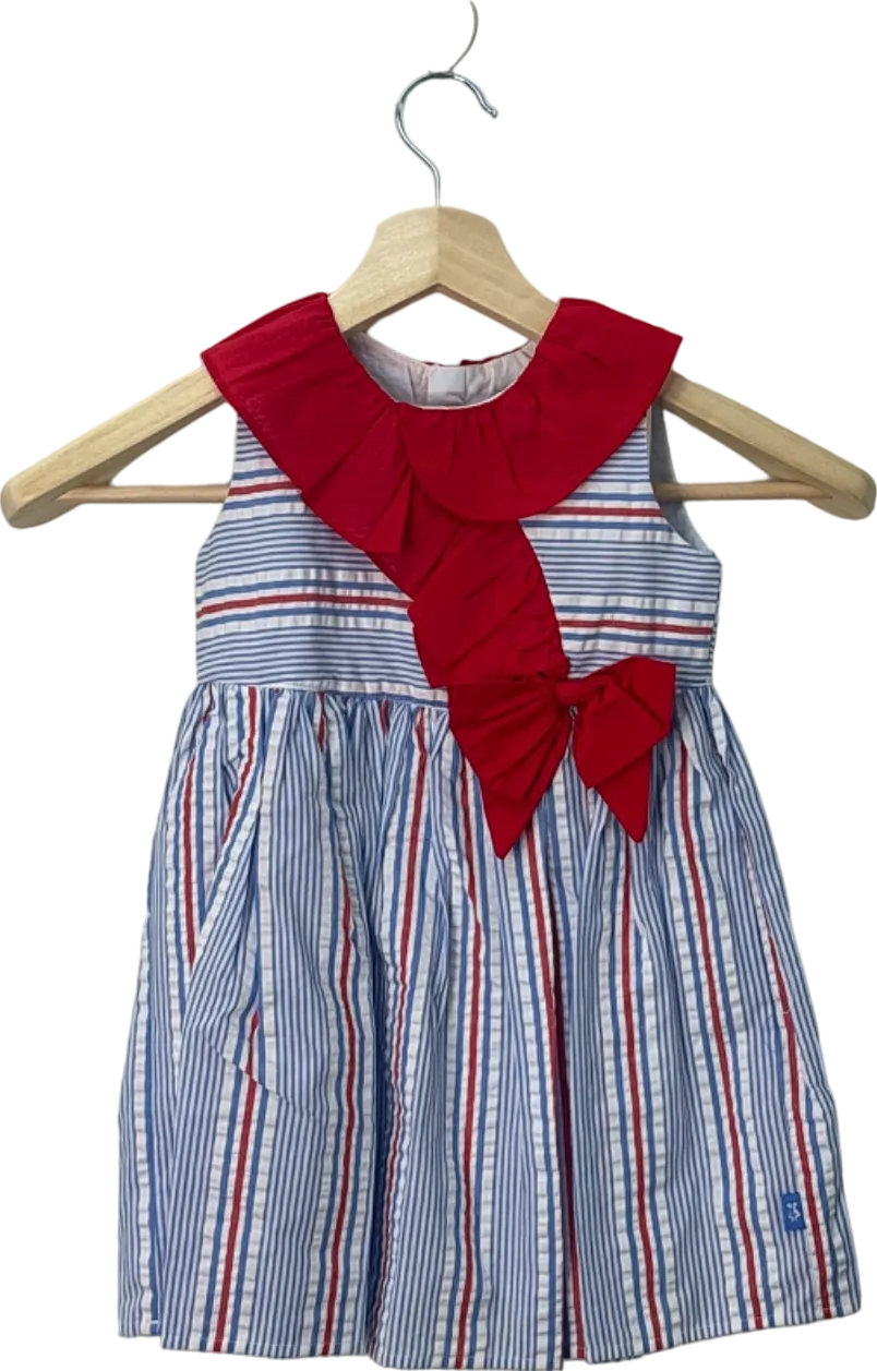 Tutto Piccolo Red and Blue Striped Dress with Ruffled Collar and Bow UK Size 5 Years