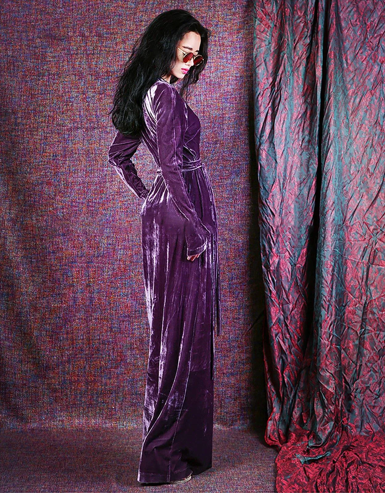 Velvet Long Sleeve Sash Maxi Dress