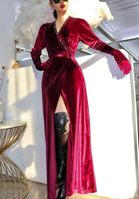 Velvet Long Sleeve Sash Maxi Dress