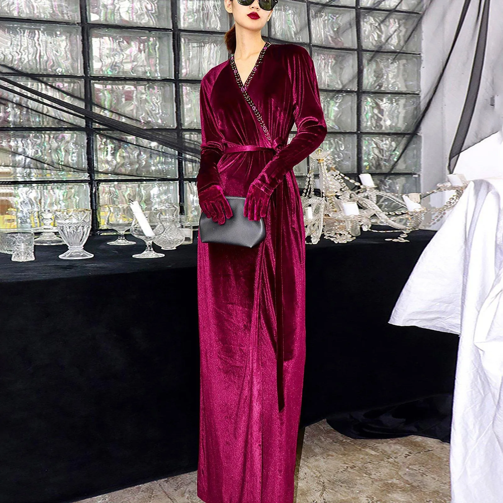 Velvet Long Sleeve Sash Maxi Dress