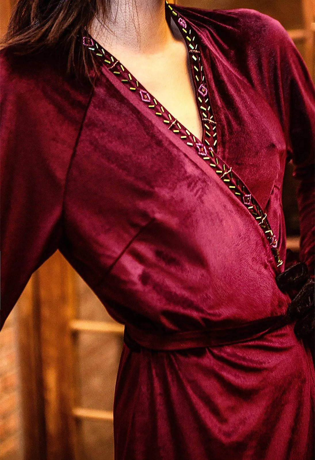 Velvet Long Sleeve Sash Maxi Dress