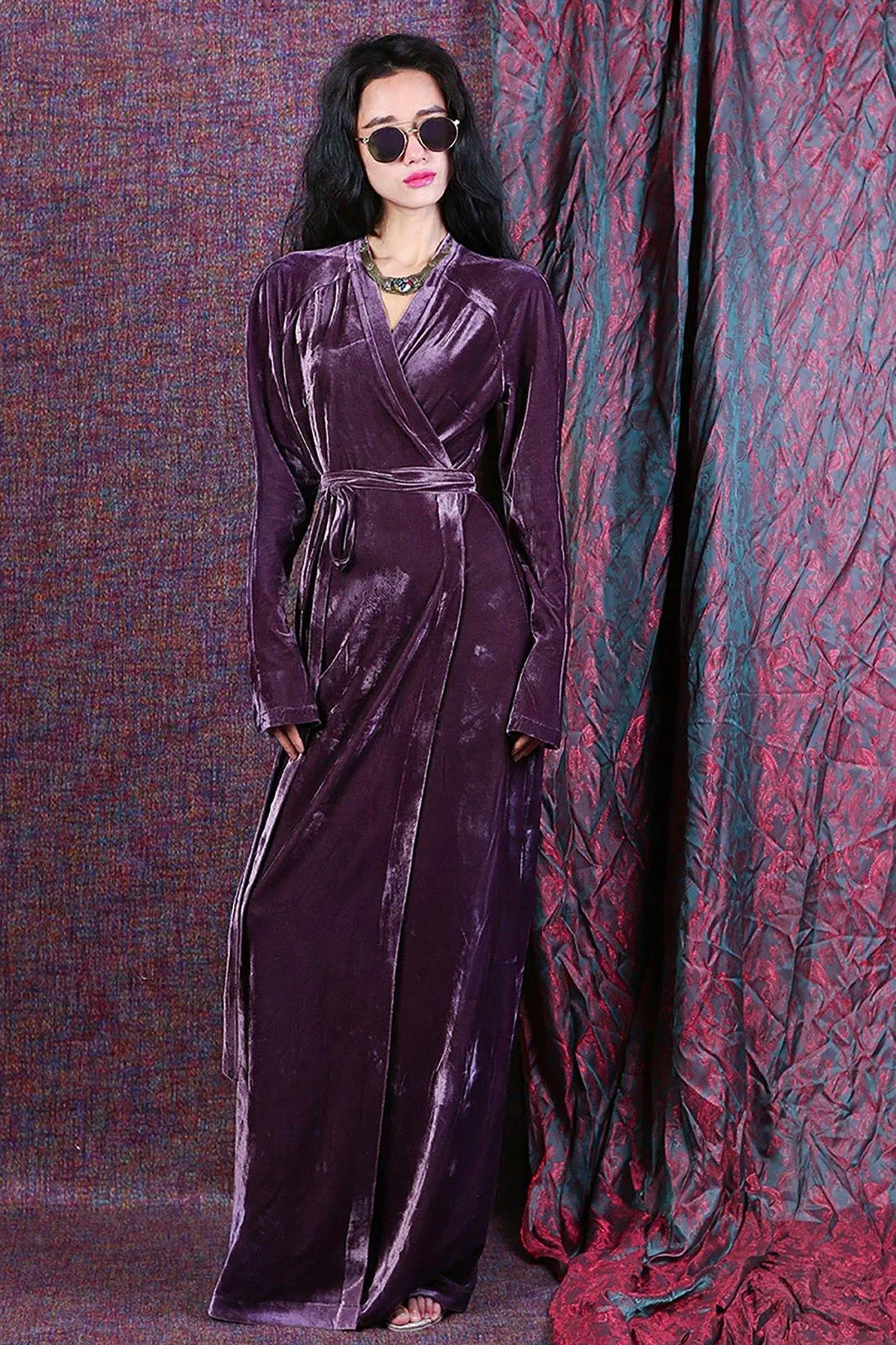 Velvet Long Sleeve Sash Maxi Dress