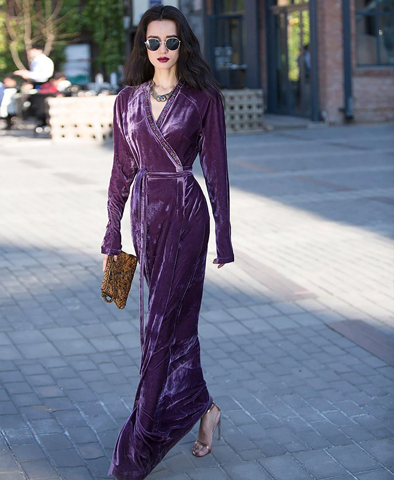 Velvet Long Sleeve Sash Maxi Dress