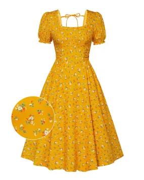 Vintage Floral Patterns Cottagecore Cocktail Dresses Square Neck Puff Sleeve Dress with Pockets