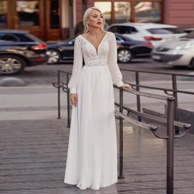 White Chiffon V-Neck A-Line Wedding Dress WD1005