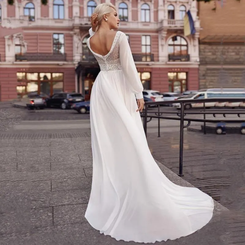 White Chiffon V-Neck A-Line Wedding Dress WD1005